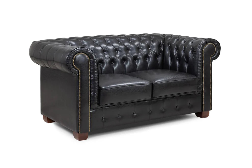 Chesterfield 2 Seater Sofa in Black – Button-Tufted Scroll Arm Couch with Wooden Frame