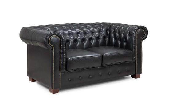 Chesterfield 2 Seater Sofa in Black – Button-Tufted Scroll Arm Couch with Wooden Frame
