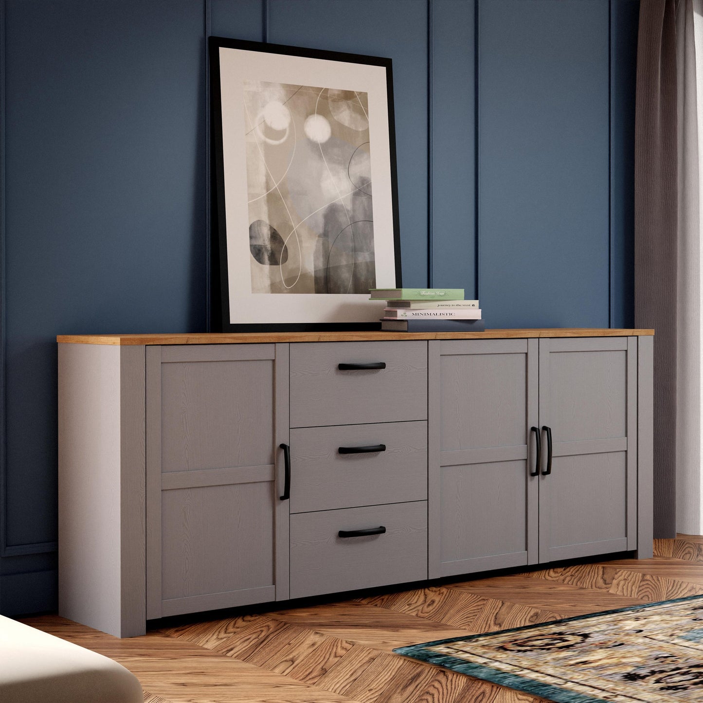 Bohol 3 Door 3 Drawer Large Sideboard in Riviera Oak/Grey Oak W 220.8 x H 87 x D 42 cm-Sideboards-FTG-