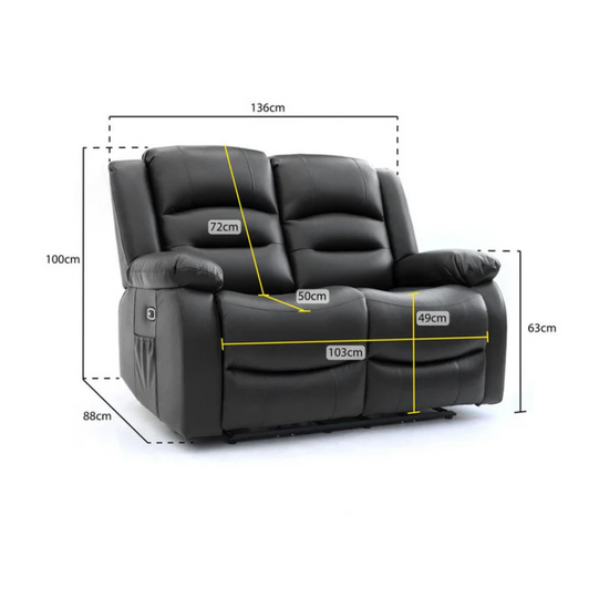 Alva 2 Seater Black Electric Recliner Sofa – Faux Leather Power Recliner with USB-C, Cup Holders & Storage Pocket