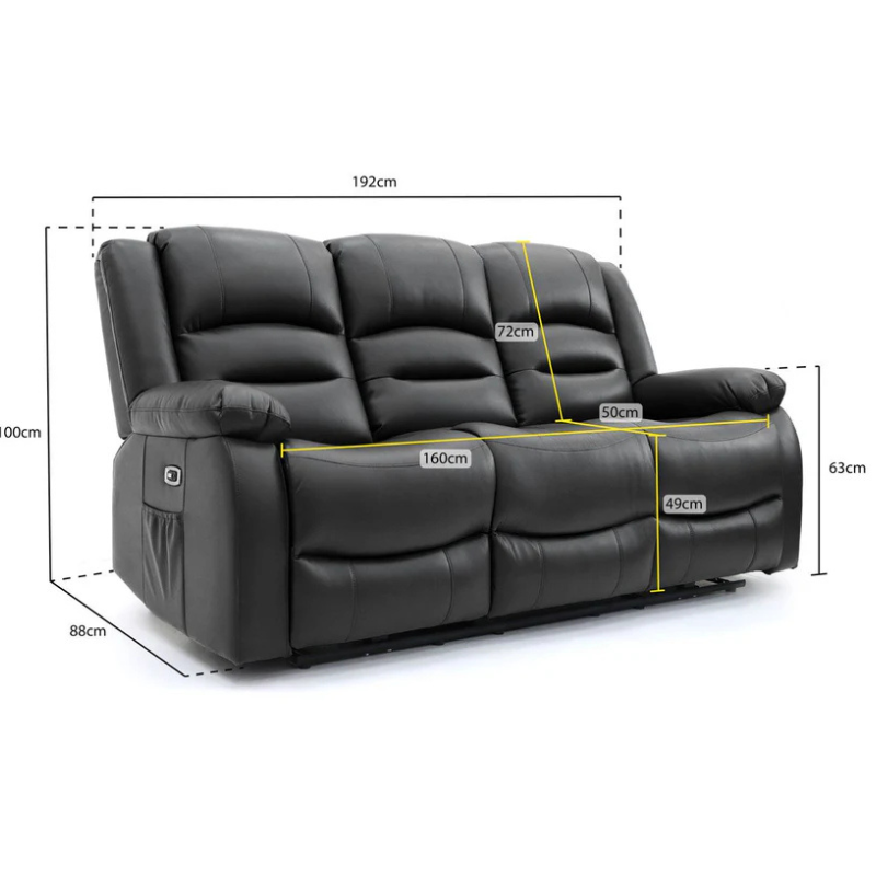 Alva 3 Seater Black Electric Recliner Sofa – Faux Leather Power Recliner with USB-C, Cup Holders & Storage