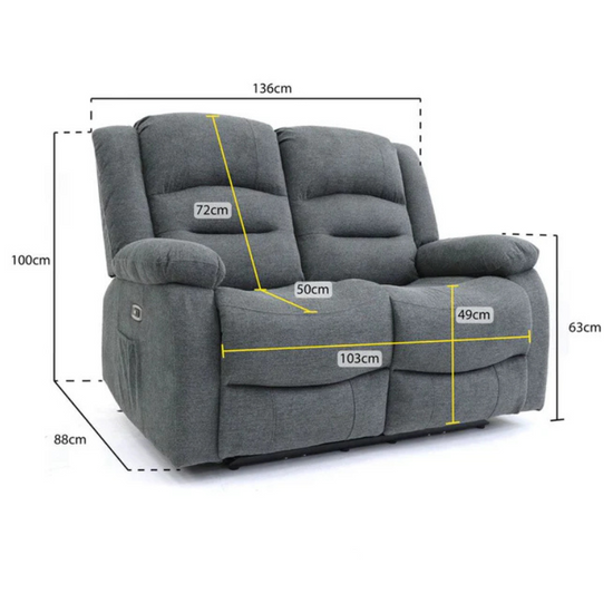 Alva 2 Seater Graphite Electric Recliner Sofa – Faux Leather with USB-C, Cup Holders & Storage