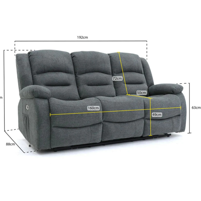 Alva 3 Seater Graphite Electric Recliner Sofa – Faux Leather with USB-C, Cup Holders & Storage