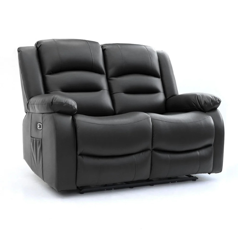 Alva 2 Seater Black Electric Recliner Sofa – Faux Leather Power Recliner with USB-C, Cup Holders & Storage Pocket