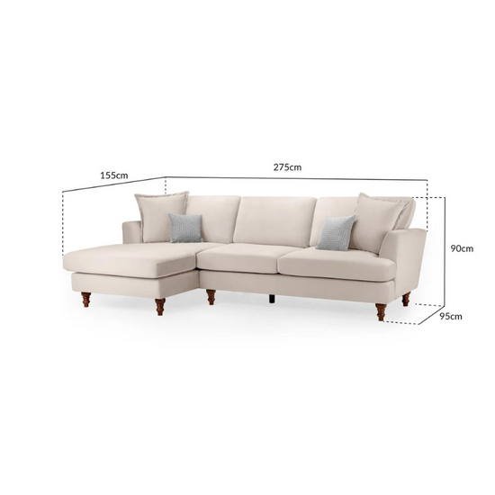 Bari Beige Left Hand Facing Corner Sofa – Chenille Fabric with Flared Arms & Wooden Feet
