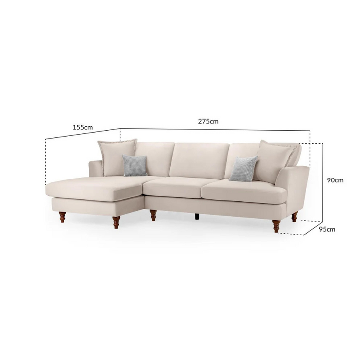 Bari Beige Left Hand Facing Corner Sofa – Chenille Fabric with Flared Arms & Wooden Feet