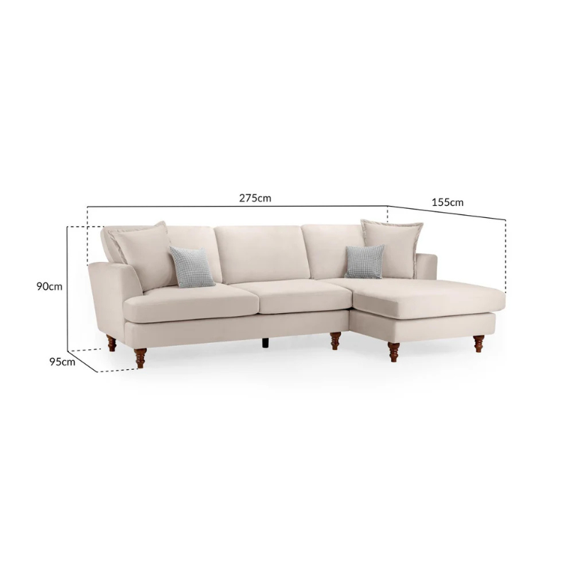 Bari Beige Right Hand Facing Corner Sofa – Chenille Fabric with Flared Arms & Wooden Feet