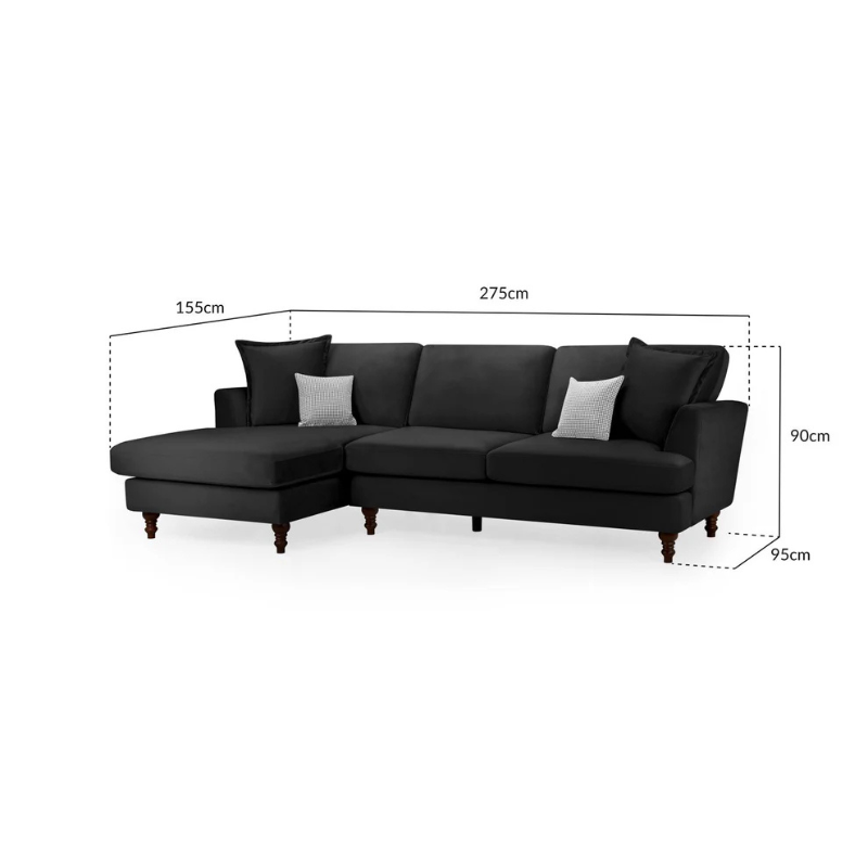 Bari Black Left Hand Facing Corner Sofa – Plush Chenille Upholstery with Flared Arms & Wooden Feet