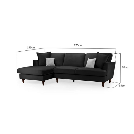 Bari Black Left Hand Facing Corner Sofa – Plush Chenille Upholstery with Flared Arms & Wooden Feet
