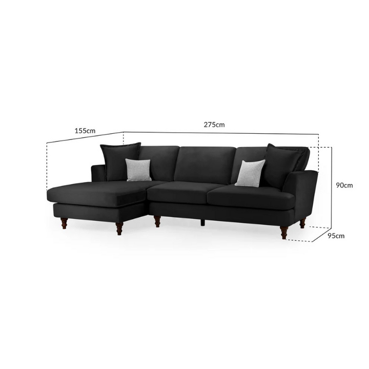 Bari Black Left Hand Facing Corner Sofa – Plush Chenille Upholstery with Flared Arms & Wooden Feet