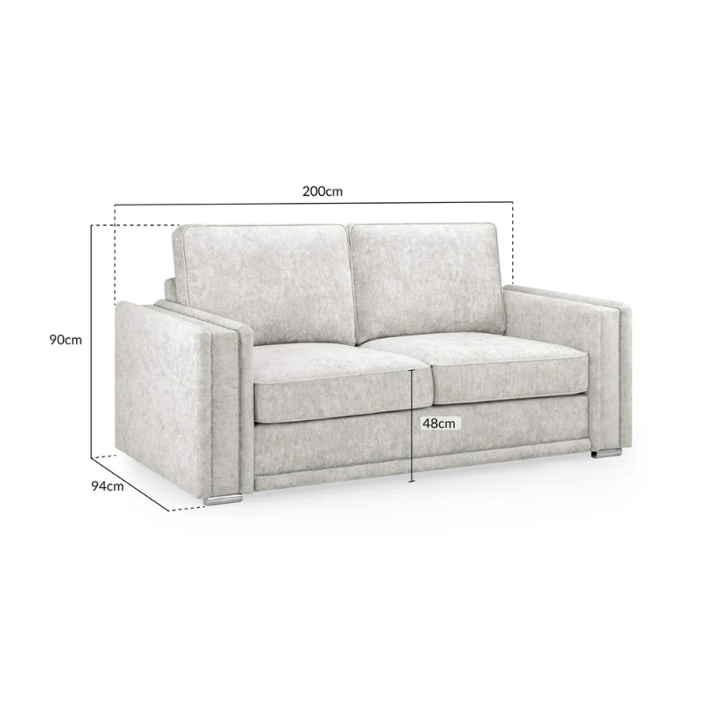 Bentley Silver 3 Seater Fullback Sofa – Chrome Feet & Studded Detailing