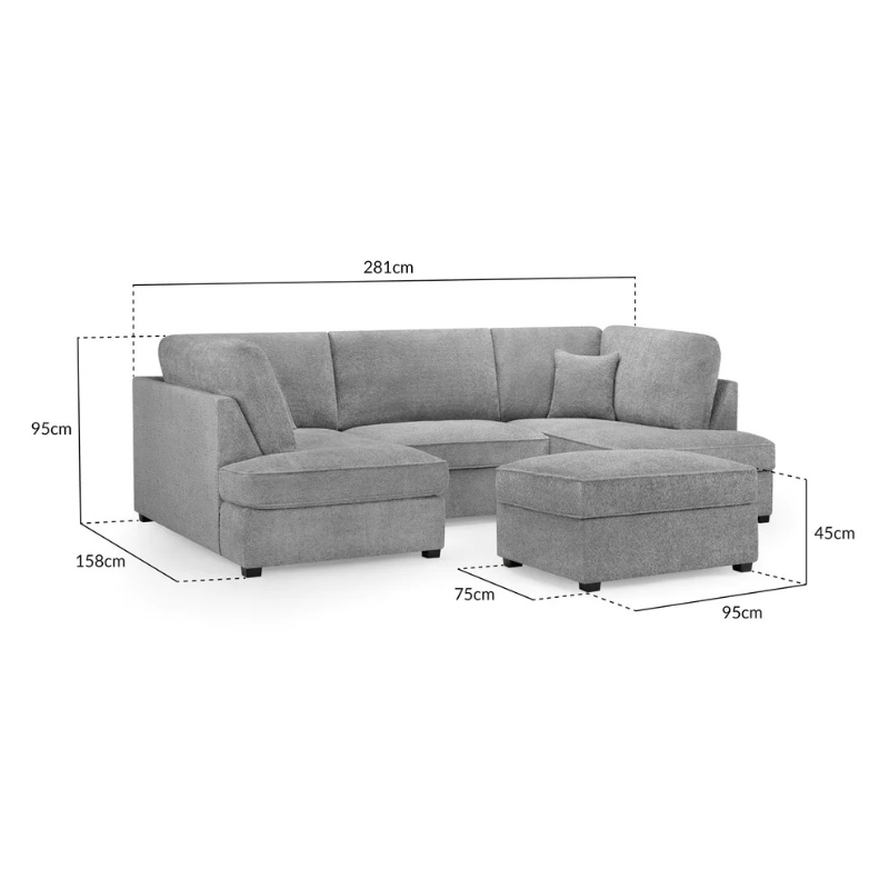 Carnaby U-Shaped Corner Sofa in Boucle Grey – Modern Large Sofa with Removable Cushions