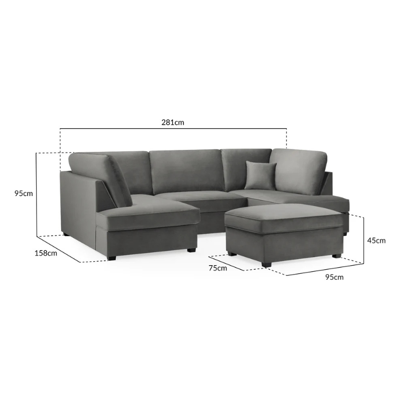 Carnaby U-Shaped Corner Sofa in Plush Grey – Large Family Sofa with Removable Cushions
