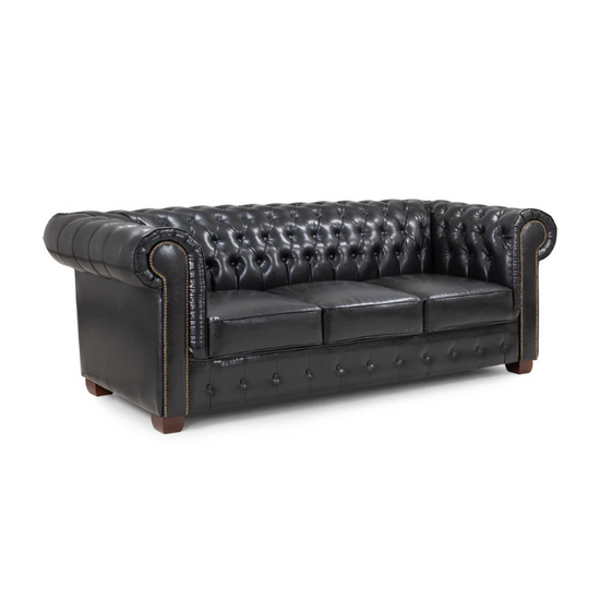 Chesterfield 3 Seater Sofa in Black – Button-Tufted Design with Wooden Feet