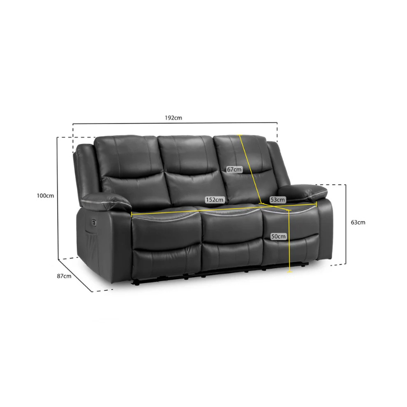Harald Black 3 Seater Electric Recliner Sofa – Leather-Effect Power Reclining Couch
