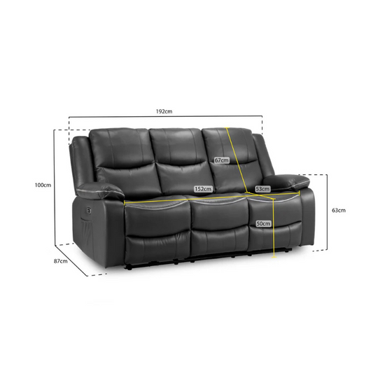 Harald Black 3 Seater Electric Recliner Sofa – Leather-Effect Power Reclining Couch