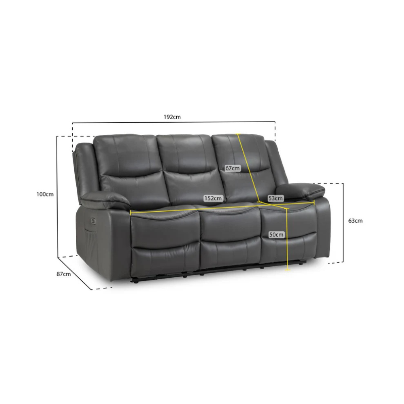 Harald 3 Seater Electric Recliner Sofa – Grey Leather-Effect with Dual Recline