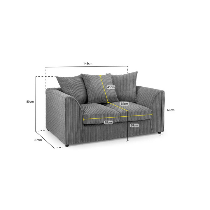 Harley Jumbo Cord Grey 2 Seater Sofa – Compact Plush Fabric Couch for Small Living Spaces