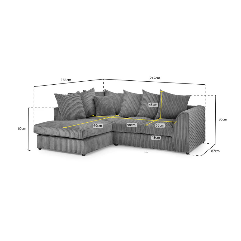 Harley Jumbo Cord Grey Left Hand Facing Corner Sofa – Large Fabric Couch for Living Room