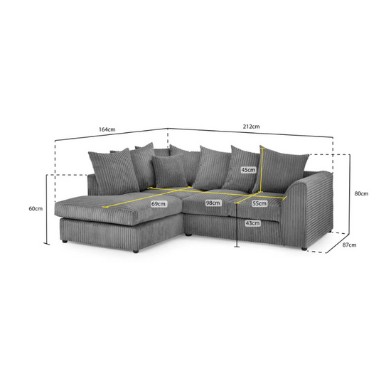 Harley Jumbo Cord Grey Left Hand Facing Corner Sofa – Large Fabric Couch for Living Room