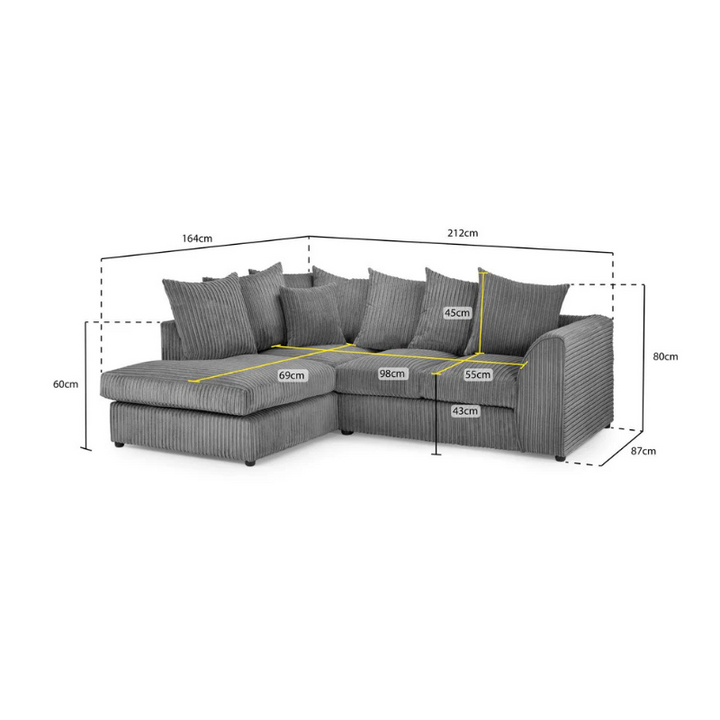 Harley Jumbo Cord Grey Left Hand Facing Corner Sofa – Large Fabric Couch for Living Room