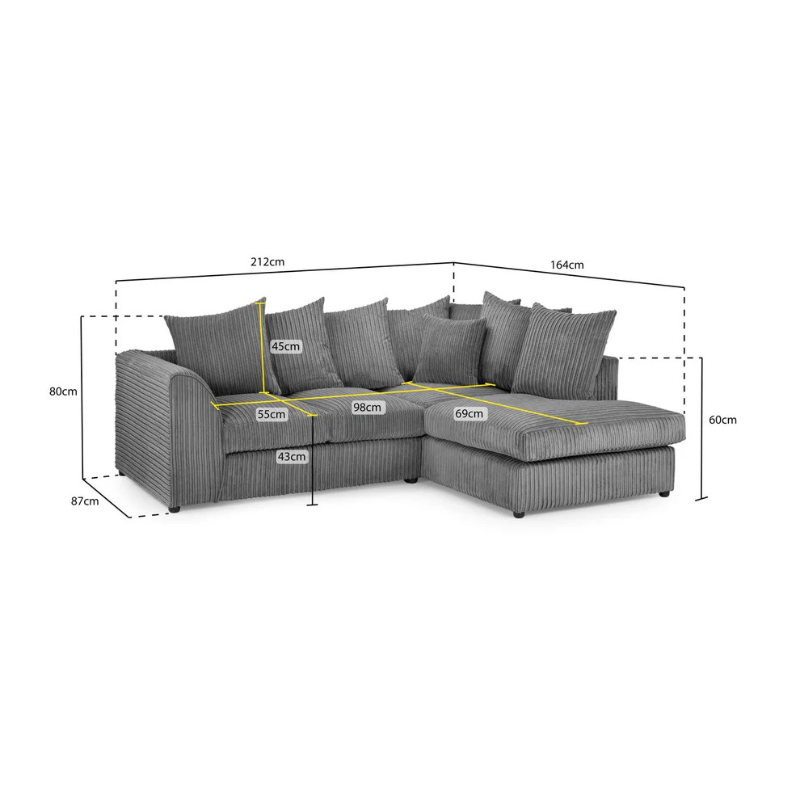 Harley Jumbo Cord Grey Right Hand Facing Corner Sofa – Large Comfortable Fabric Couch