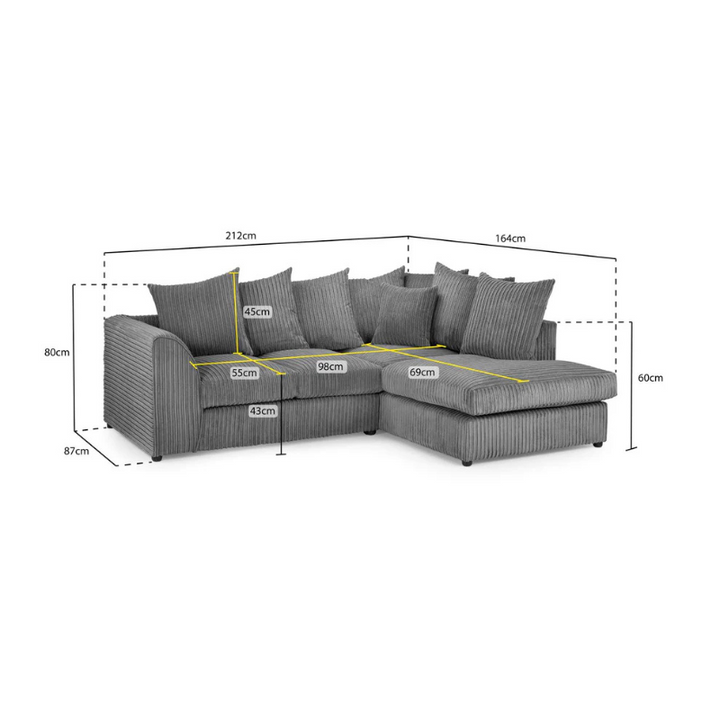 Harley Jumbo Cord Grey Right Hand Facing Corner Sofa – Large Comfortable Fabric Couch