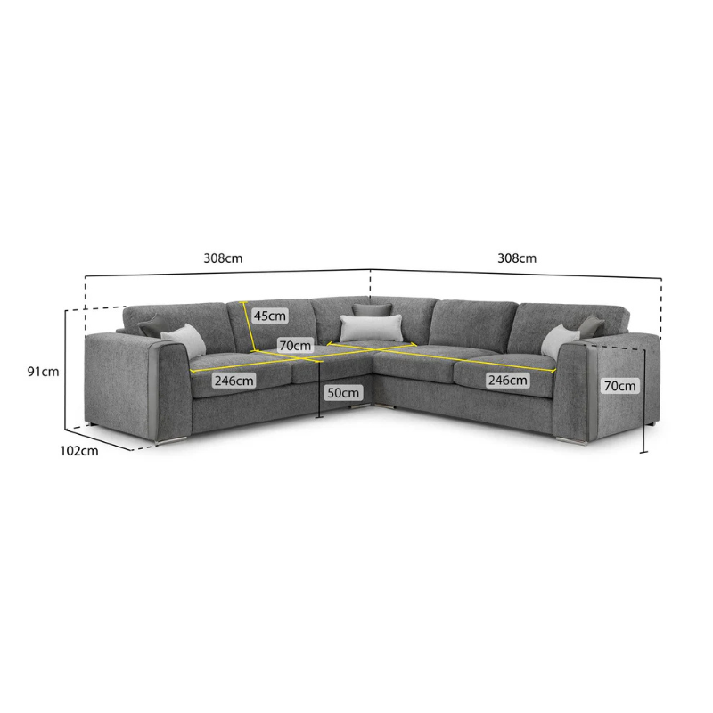 Naples Large Corner Sofa – Grey | Modern Fabric Corner Couch for Spacious Comfort