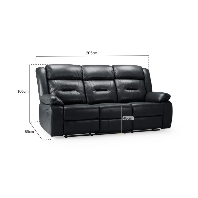 Novie 3 Seater Recliner Sofa – Black | Spacious Leather-Look Reclining Couch for Modern Living