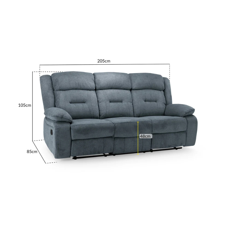 Novie 3 Seater Recliner Sofa – Grey Fabric | Spacious Reclining Couch for Contemporary Living