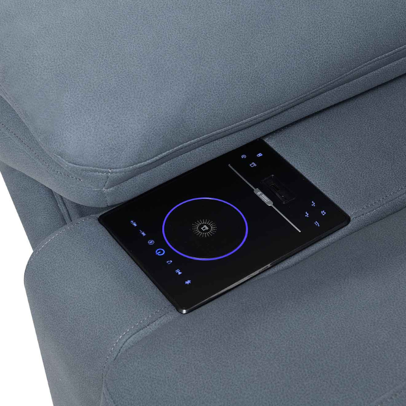 Quantum Midnight Grey 3 Seater Sofa with i-Table in Arm | Modern Fabric Recliner