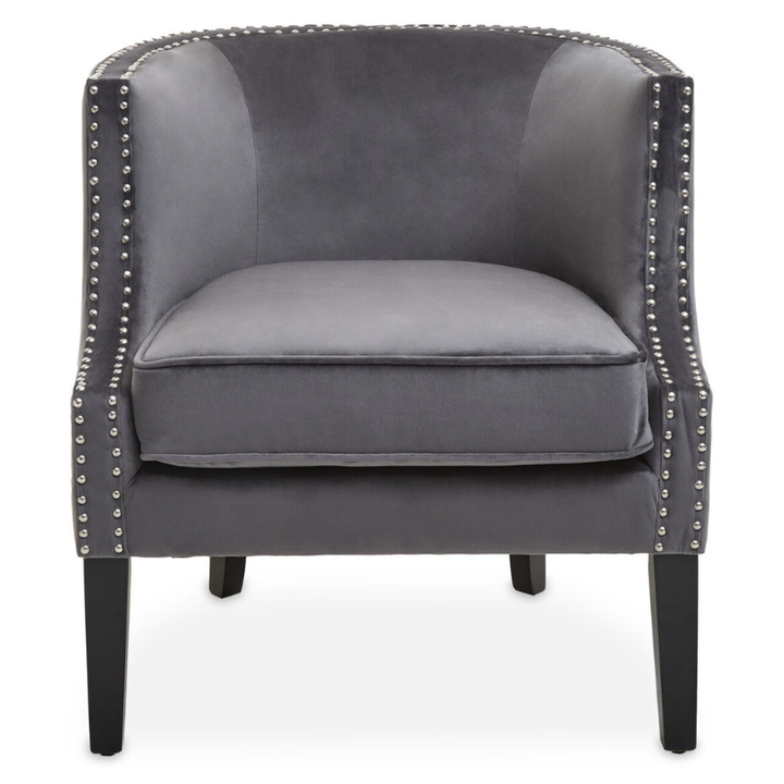 Larissa Grey Velvet Studded Chair – Refined Luxury with Modern Detailing