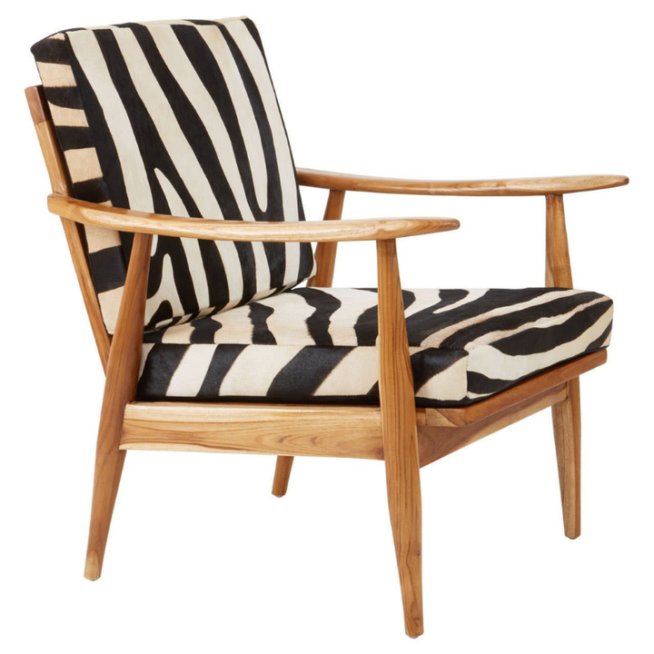 Kendari Leather Zebra Pattern and Teak Chair – Bold Artisan Style with Natural Warmth