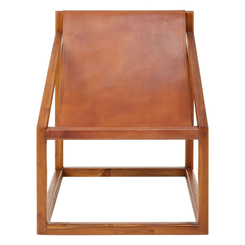 Kendari Brown Leather and Teak Wood Sling Chair – Natural Luxury with Timeless Craftsmanship