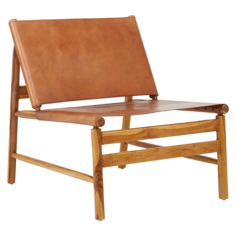 Kendari Teak Wood and Brown Leather Chair – Classic Elegance with Comfortable Seating