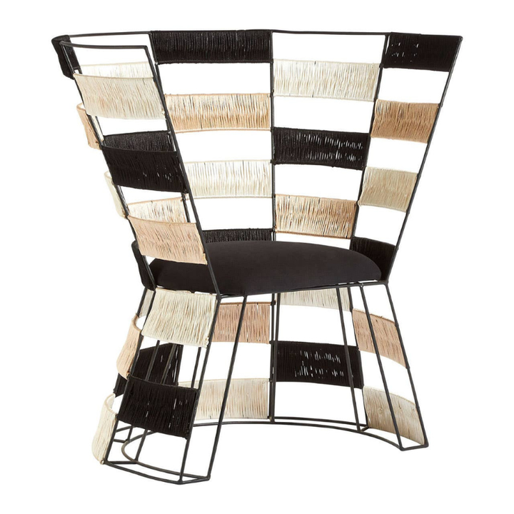 Fusion Beige, Black & White Woven Chair – Textured Artisan Design with Modern Boho Appeal
