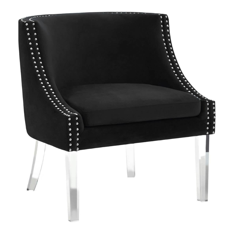 Clarence Black Velvet Chair with Acrylic Legs – Modern Glamour with Sleek, Luxe Transparency
