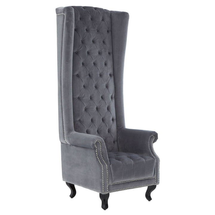 Regents Park Grey Velvet Tall Porter Chair – A Statement in Luxury and Grandeur