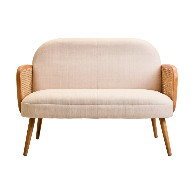 Cebu Ivory Fabric and Cane 2 Seat Sofa with Elm Wood Legs – Natural Elegance with Modern Comfort
