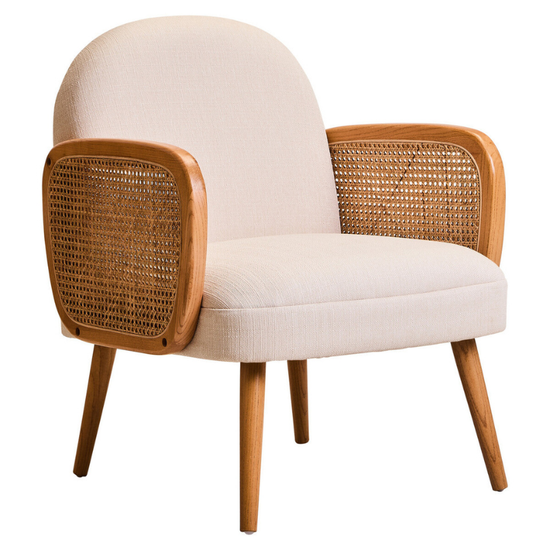 Cebu Ivory Fabric and Cane Chair with Elm Wood Legs – Natural Elegance with Soft Modern Comfort
