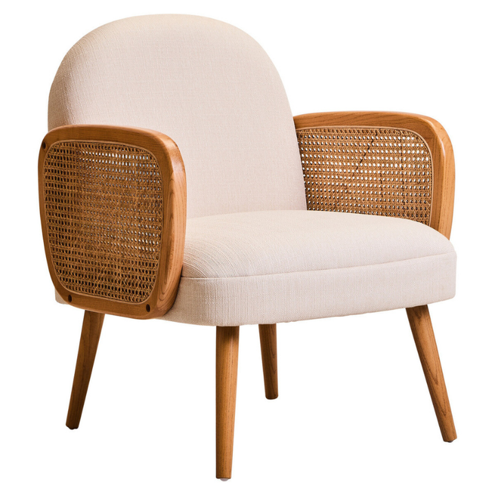 Cebu Ivory Fabric and Cane Chair with Elm Wood Legs – Natural Elegance with Soft Modern Comfort