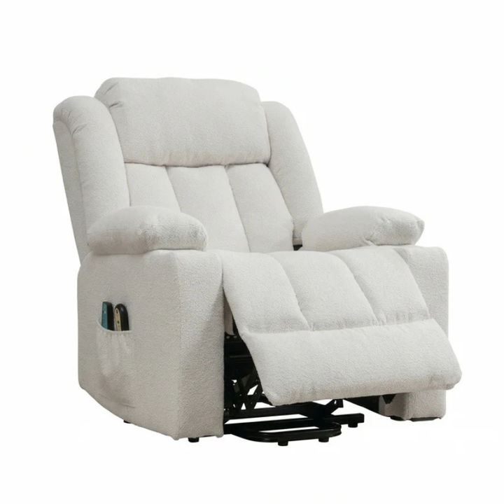 Oxford Cream Dual Motor Lift Assist Riser Recliner Chair with Massage & Heat – Bouclé Fabric Armchair