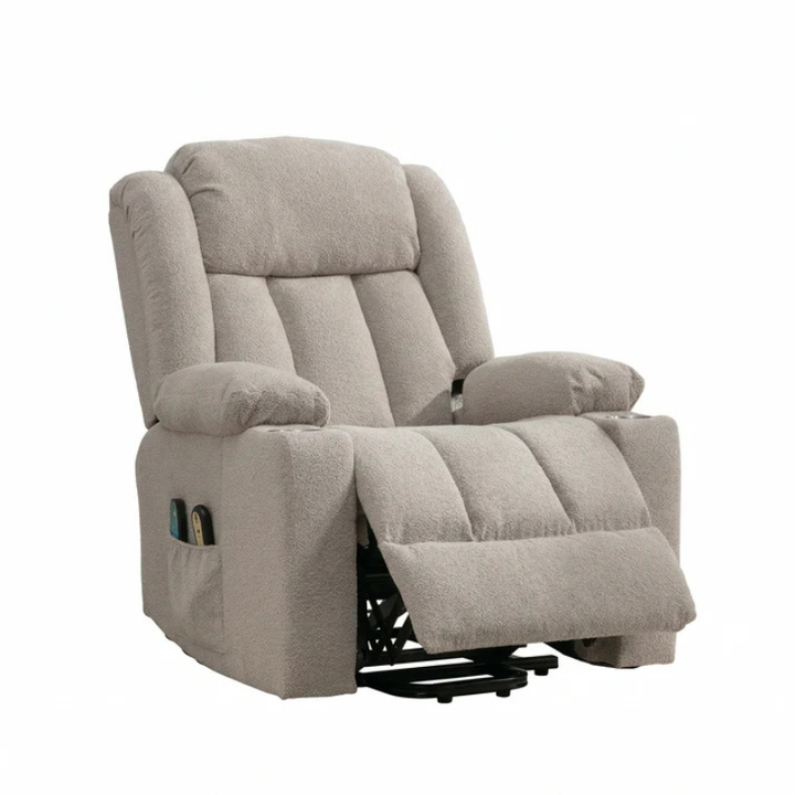 Oxford Light Brown Dual Motor Lift Assist Riser Recliner Chair with Massage & Heat – Bouclé Fabric Armchair