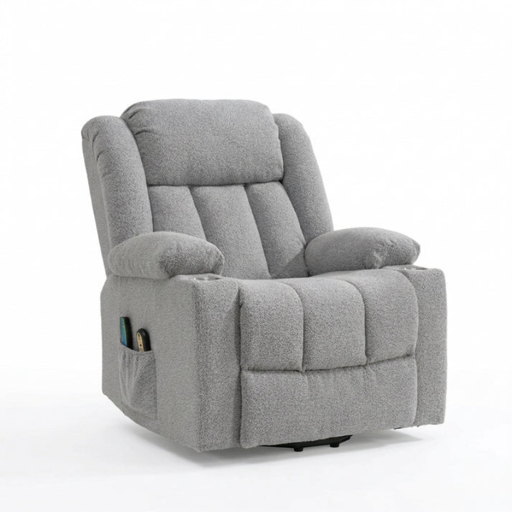 Oxford Light Grey Dual Motor Lift Assist Riser Recliner Chair with Massage & Heat – Bouclé Fabric Armchair