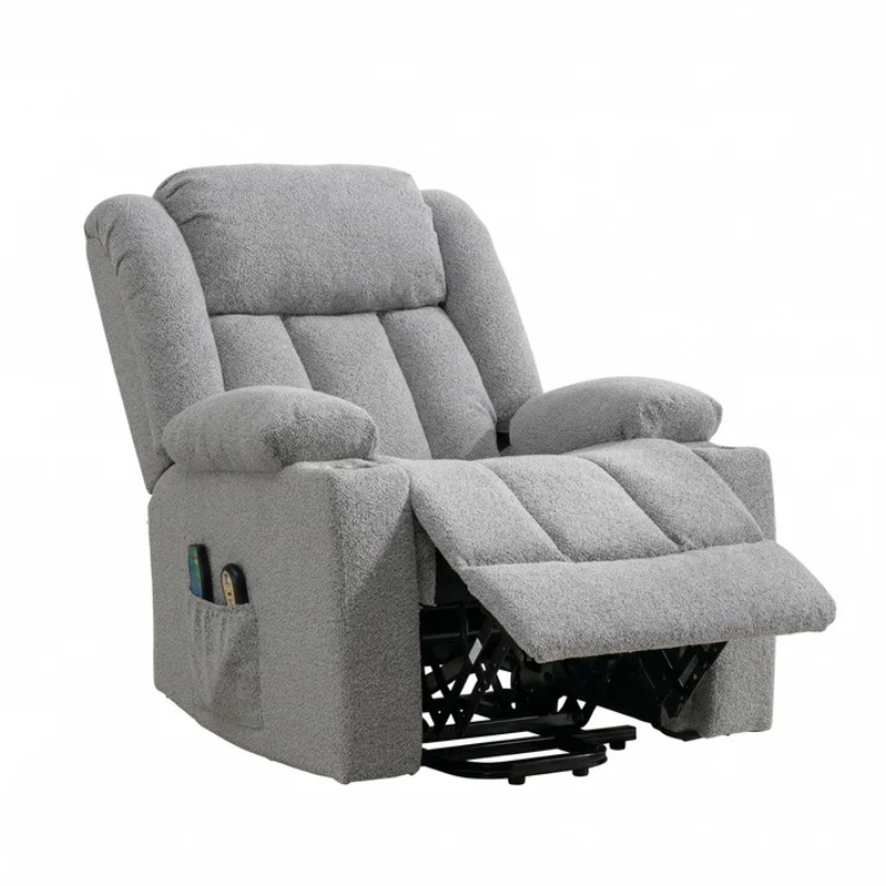 Oxford Light Grey Dual Motor Lift Assist Riser Recliner Chair with Massage & Heat – Bouclé Fabric Armchair