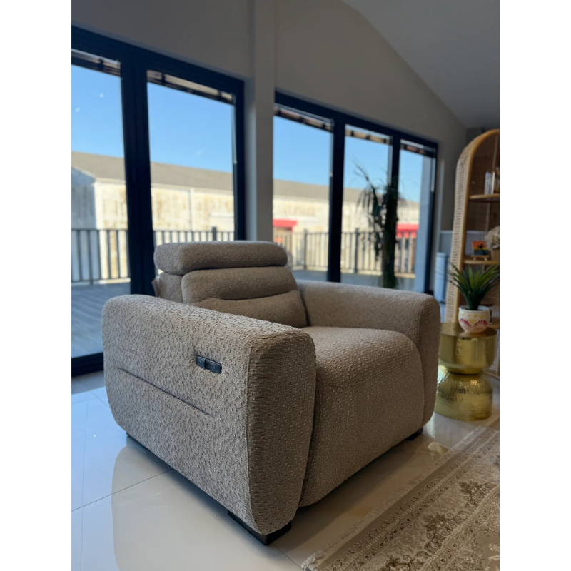 Tokyo Beige Electric Recliner Armchair – Bouclé Fabric Chair with USB & Adjustable Headrest