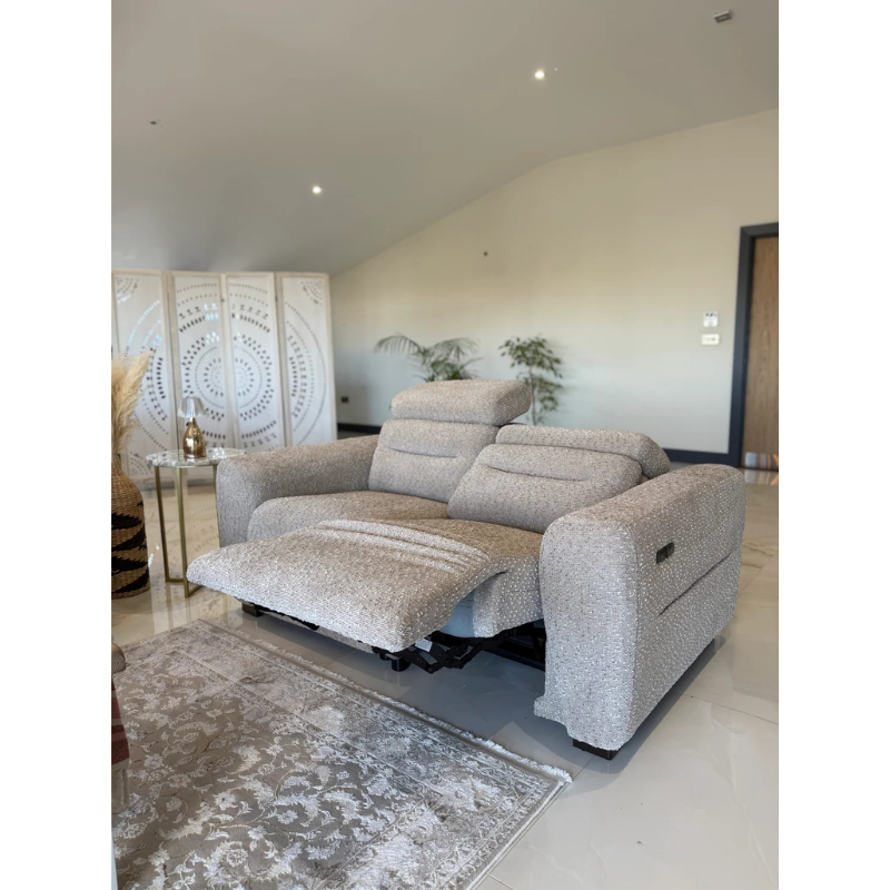 Tokyo Beige Electric Recliner Sofa 2 Seater – Bouclé Fabric Reclining Sofa with USB & Adjustable Headrests