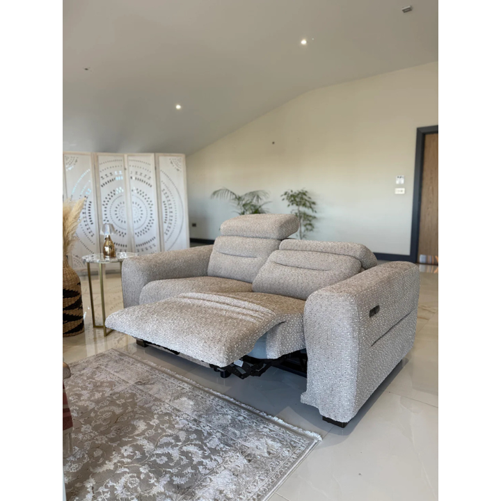 Tokyo Beige Electric Recliner Sofa 2 Seater – Bouclé Fabric Reclining Sofa with USB & Adjustable Headrests