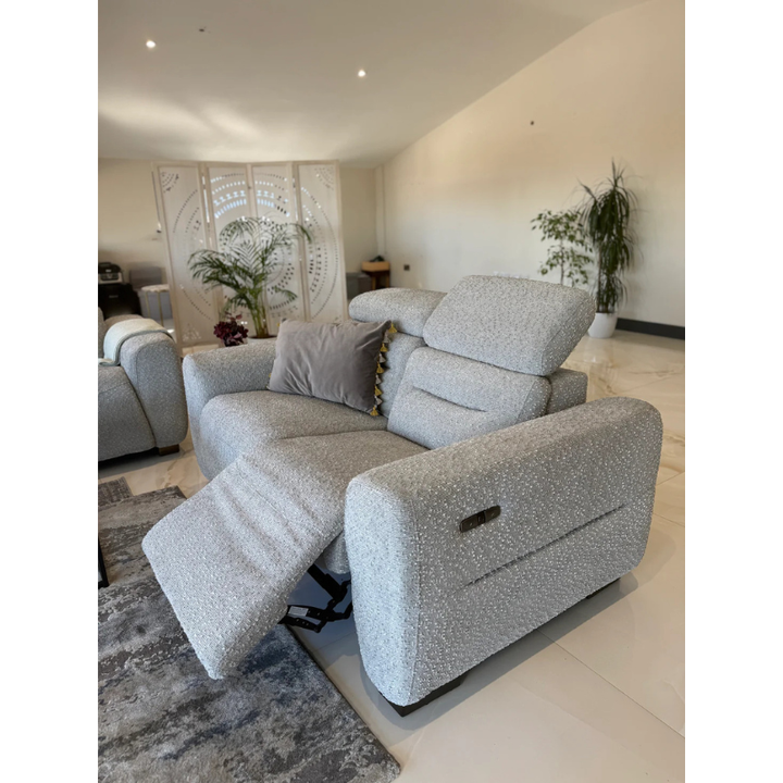 Tokyo Grey Electric Recliner Sofa 2 Seater – Bouclé Fabric Reclining Sofa with USB & Adjustable Headrests