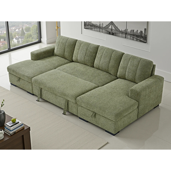 Como Green U Shape Sofa Bed – Large Corner Sofa with Storage, Pull Out Bed & Chaise